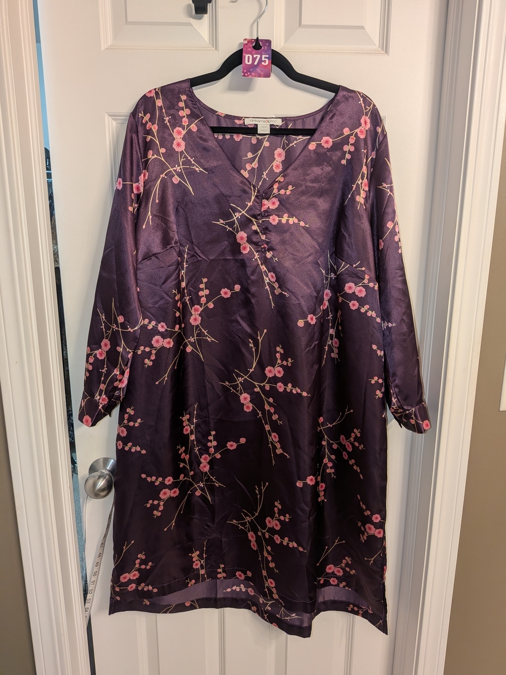 Long Sleeve Purple Floral Satin V-Neck Dress